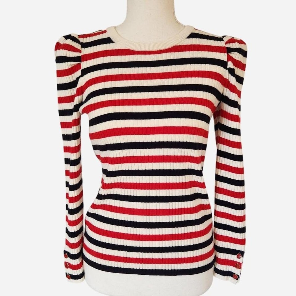 Talbots Retro Puff Sleeve Crew Neck Striped Pullover Red White and Navy Size S
